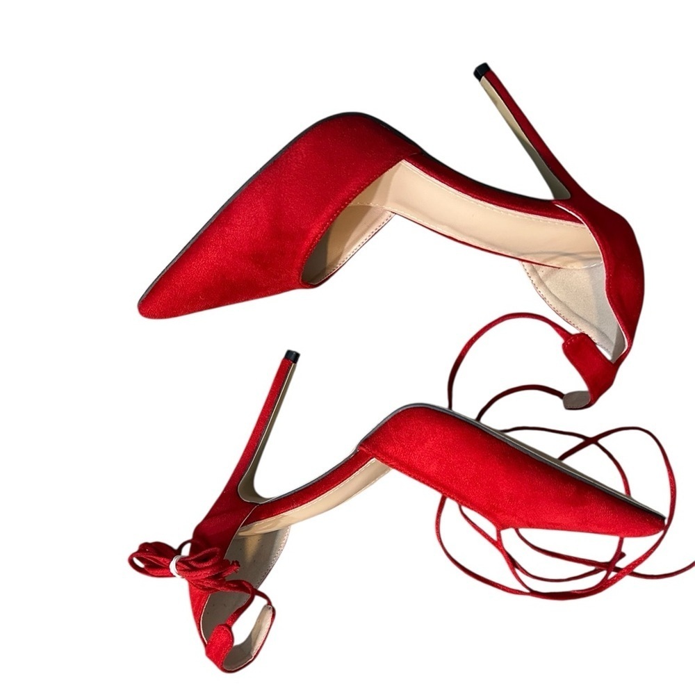 Red stiletto strappy wrap gladiator sexy faux suede sz 8.5